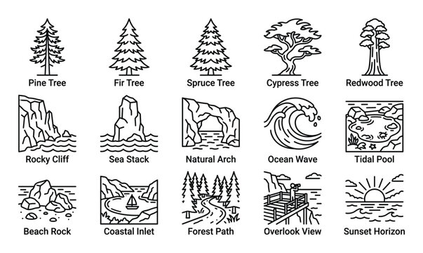 Collection of black outline icons depicting various natural landscapes and elements