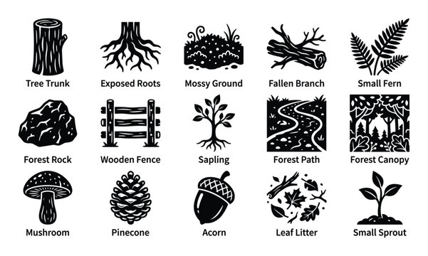 Comprehensive collection of black and white forest elements icons, including trees, plants, and natural ground features, presented