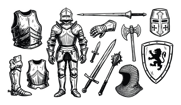 Collection of medieval knight armor and weapons in a hand-drawn, black and white sketch style