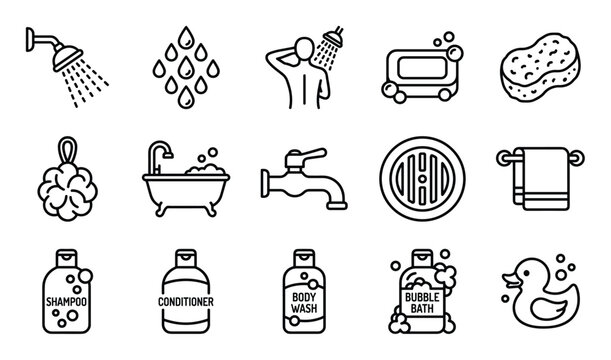 Collection of black outline bathroom and shower icons, representing hygiene and bathing