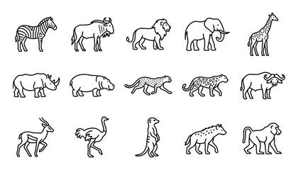 Naklejka premium Collection of fifteen black outline cartoon African animals, including a zebra, lion, and elephant