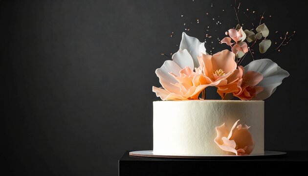 Elegant cream cake with subtle gold leaf accent and delicate flowers on top, placed on a table indoors.