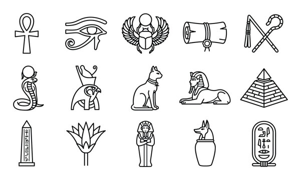 Collection of fifteen ancient Egyptian outline icons, including symbols like the Ankh, Eye of Horus, scarab, and pyramid, presented