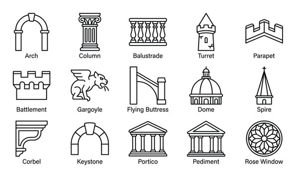 Comprehensive collection of architectural elements icons, featuring various building components in a clean outline style