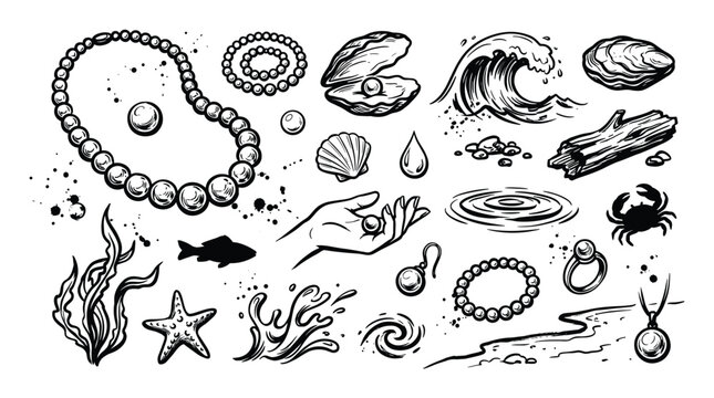 Various hand-drawn black and white marine elements, including pearls, shells, waves, and sea creatures