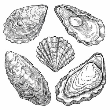 Oyster shells vintage style engraving illustration on white background