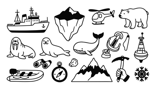 Collection of black and white hand-drawn Arctic exploration icons, including animals, vehicles, and natural elements