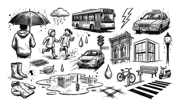 Various hand-drawn black and white illustrations depict a rainy city scene with people, vehicles, and urban elements