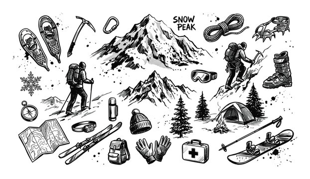 Hand-drawn black and white winter mountain sports and hiking equipment set
