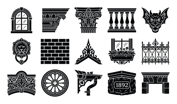 Various black architectural elements and building details are arranged in a graphic, illustrative style