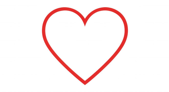 A simple red heart shape outline centered on a solid black background, minimalist representing love, romance, and affection