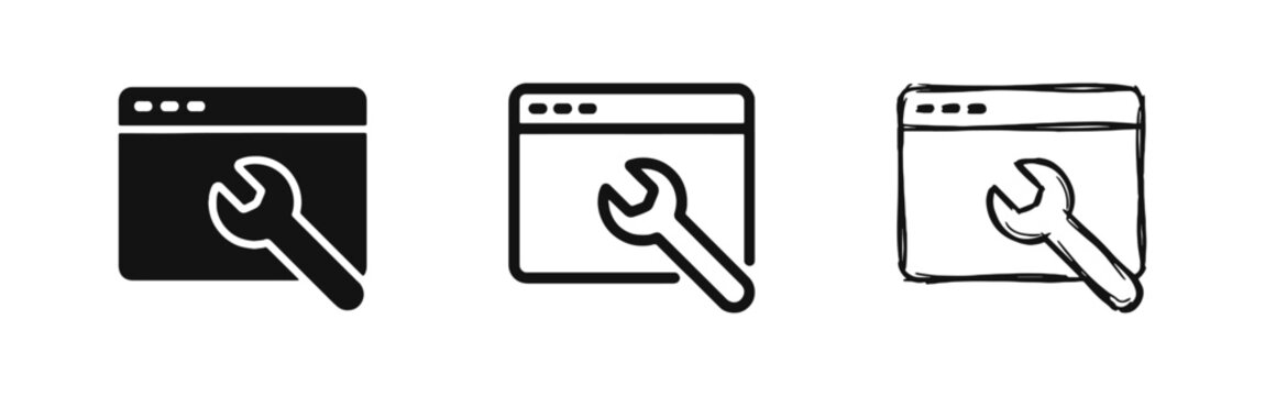Browser window with wrench website maintenance icon set in solid, outline and hand-drawn doodle styles