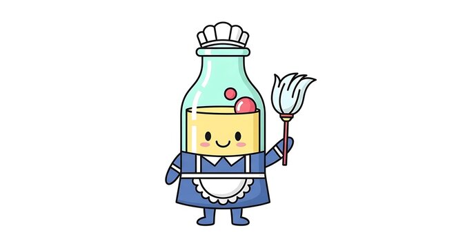 A cartoon bottle-shaped character, dressed as a maid in a blue uniform, smiles while holding a mop. It represents the concept of cleanliness