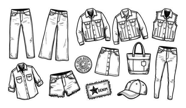Various hand-drawn denim clothing and accessories are arranged in a doodle style