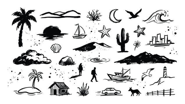 Collection of hand-drawn black ink nature and travel icons with a rustic, artistic style