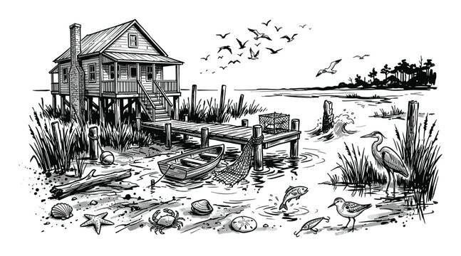 Rustic wooden stilt house with a dock and boat in a serene coastal marsh landscape, drawn in a detailed black and white ink style
