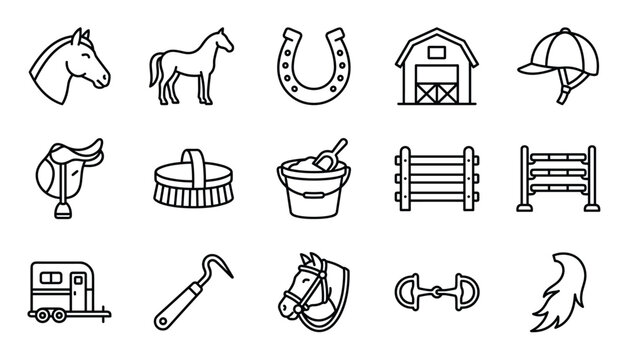Collection of fifteen simple black outline icons representing various equestrian and horse riding elements
