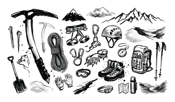 Various hand-drawn black and white climbing and mountaineering equipment items are scattered across a clean