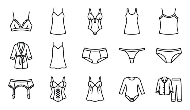 Collection of fifteen black outline icons representing various types of women's underwear and sleepwear