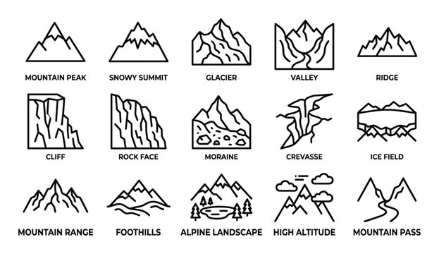 Collection of fifteen black outline icons representing various mountain landforms and geological features