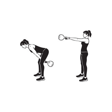 Black-and-white vector illustration showing proper kettlebell swing exercise form, highlighting strength training and conditioning movement.
