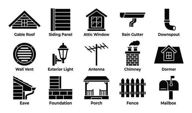 Collection of black silhouette icons representing various house parts and exterior elements