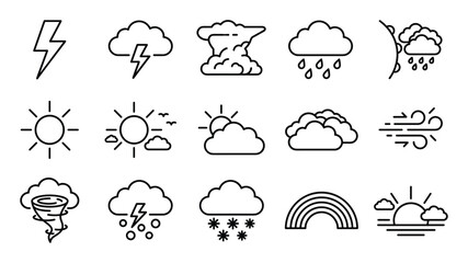 Fototapeta premium Comprehensive collection of fifteen black outline weather icons, including sun, clouds, rain, snow, lightning, and wind, presented