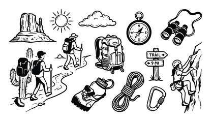 Obraz premium Various black and white hand-drawn outdoor adventure and hiking elements are arranged