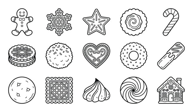 Collection of various outline Christmas cookies and candies, including a gingerbread man, snowflake, star, and candy cane, presented