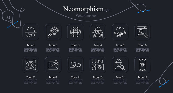Detective investigation set icon. Spy disguise, magnifier search, secret agent, newspaper reading, hidden identity, hacker profile, facial recognition, anonymous message, surveillance camera