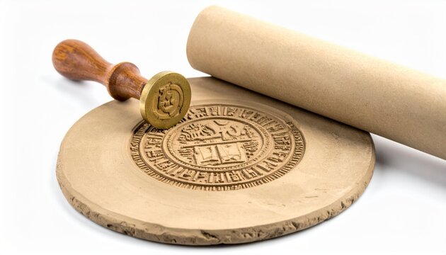 Ancient Sumerian cylinder seal making an intricate cuneiform impression on clay