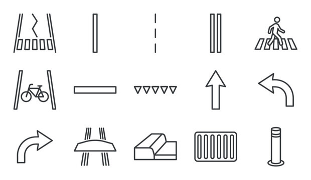 Collection of various road marking and traffic element outline icons