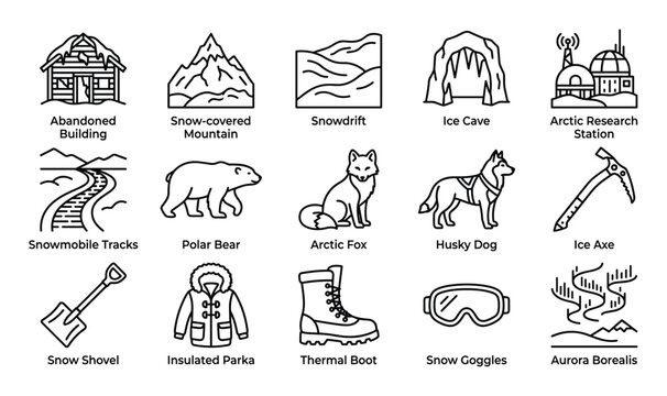 Collection of black outline icons representing various arctic and winter elements