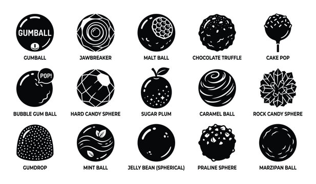 Collection of fifteen black and white candy icons with various textures and shapes