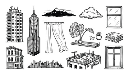 Naklejka premium Various hand-drawn urban and nature elements, including buildings, mountains, clouds, and home decor, in a black and white sketch style