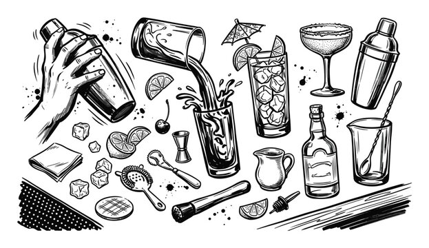 Hand-drawn black and white illustration of various cocktail making tools and ingredients