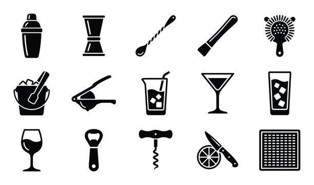 Collection of black silhouette bar tools and drink icons are neatly arranged