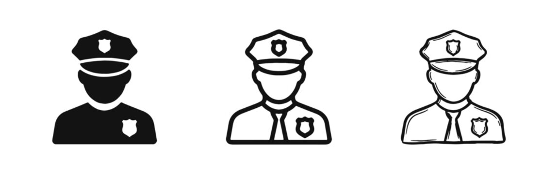 Police officer avatar icon set in flat, outline, and doodle styles