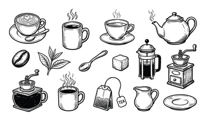 Obraz premium Collection of hand-drawn coffee and tea elements, including cups, mugs, teapots, and accessories