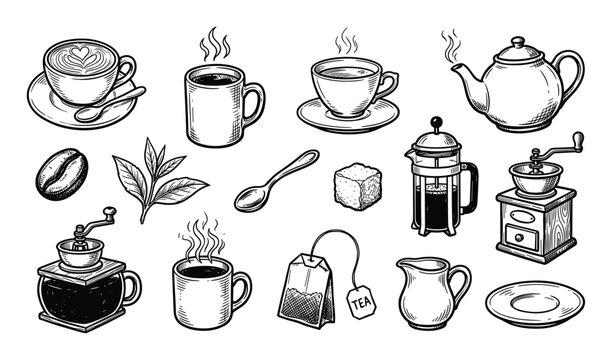 Collection of hand-drawn coffee and tea elements, including cups, mugs, teapots, and accessories