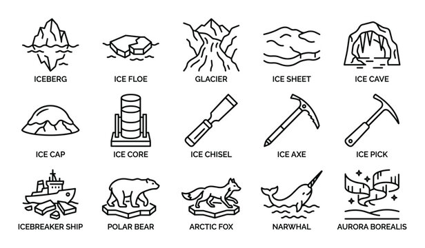 Comprehensive collection of black outline icons representing various arctic and ice-related elements