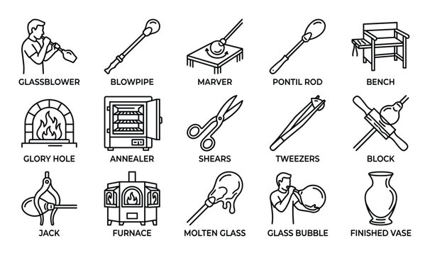 Collection of black and white line art icons depicting various glassblowing tools and processes