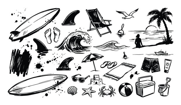 Collection of hand-drawn black and white summer beach and surf themed illustrations with ink splatters