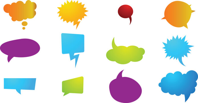 Vibrant Gradient Comic Speech Bubbles and Thought Clouds on Transparent Background