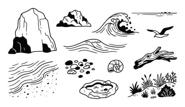 Collection of black and white hand-drawn nature elements including rocks, waves, a seagull, and beach items