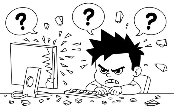 Frustrated man smashing computer keyboard with broken screen