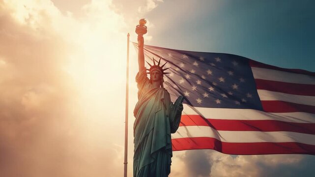 Statue of Liberty with waving American flag at sunrise, patriotic sky lighting and national landmark scene for United States travel