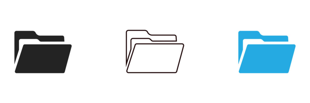 Three colorful file folder icons in black, Brown and blue on white background for organization and document concepts