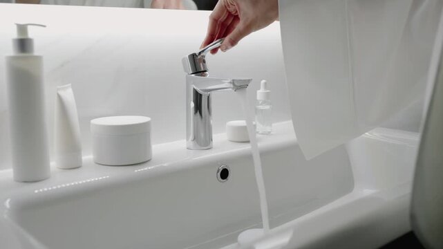 Woman's hand turning on a chrome faucet in a modern bathroom with white soap dispensers and skincare products. Minimalist and clean design. Minimalist Bathroom Sink with Soap Dispensers