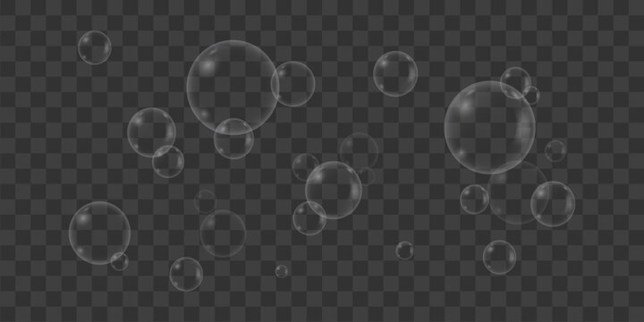 Transparent soap bubbles overlay with realistic reflections, floating bubble elements isolated on transparent background for design use